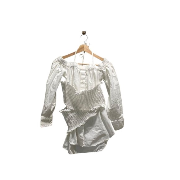 MSGM Milano Off Shoulder Smocked Button Down Blouse White Size 42 NWOT Designer - Picture 2 of 15
